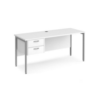 Maestro 25 straight desk 1600mm x 600mm with 2 drawer pedestal - silver H-frame leg and white top