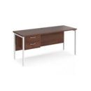 Maestro 25 straight desk 1600mm x 600mm with 2 drawer pedestal - white H-frame leg and walnut top