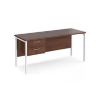 Maestro 25 straight desk 1600mm x 600mm with 2 drawer pedestal - white H-frame leg and walnut top