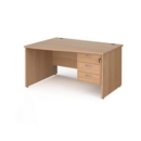 Maestro 25 left hand wave desk 1400mm wide with 3 drawer pedestal - beech top with panel end leg