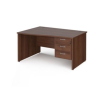 Maestro 25 left hand wave desk 1400mm wide with 3 drawer pedestal - walnut top with panel end leg