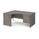 Maestro 25 left hand ergonomic desk 1600mm wide with 2 drawer pedestal - grey oak top with panel end leg