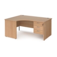 Maestro 25 left hand ergonomic desk 1600mm wide with 3 drawer pedestal - beech top with panel end leg