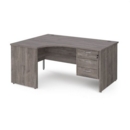 Maestro 25 left hand ergonomic desk 1600mm wide with 3 drawer pedestal - grey oak top with panel end leg