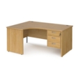 Maestro 25 left hand ergonomic desk 1600mm wide with 3 drawer pedestal - oak top with panel end leg