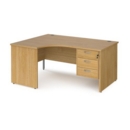 Maestro 25 left hand ergonomic desk 1600mm wide with 3 drawer pedestal - oak top with panel end leg