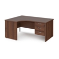 Maestro 25 left hand ergonomic desk 1600mm wide with 3 drawer pedestal - walnut top with panel end leg