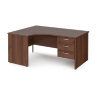 Maestro 25 left hand ergonomic desk 1600mm wide with 3 drawer pedestal - walnut top with panel end leg