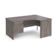 Maestro 25 right hand ergonomic desk 1600mm wide with 3 drawer pedestal - grey oak top with panel end leg