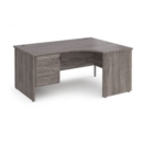 Maestro 25 right hand ergonomic desk 1600mm wide with 3 drawer pedestal - grey oak top with panel end leg
