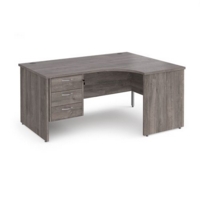 Maestro 25 right hand ergonomic desk 1600mm wide with 3 drawer pedestal - grey oak top with panel end leg