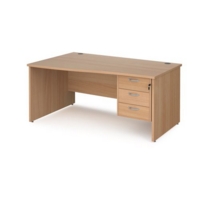 Maestro 25 left hand wave desk 1600mm wide with 3 drawer pedestal - beech top with panel end leg