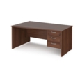 Maestro 25 left hand wave desk 1600mm wide with 3 drawer pedestal - walnut top with panel end leg