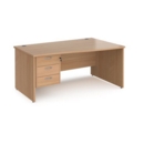 Maestro 25 right hand wave desk 1600mm wide with 3 drawer pedestal - beech top with panel end leg