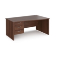 Maestro 25 right hand wave desk 1600mm wide with 3 drawer pedestal - walnut top with panel end leg