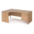 Maestro 25 left hand ergonomic desk 1800mm wide with 2 drawer pedestal - beech top with panel end leg