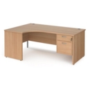 Maestro 25 left hand ergonomic desk 1800mm wide with 2 drawer pedestal - beech top with panel end leg