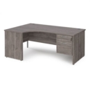 Maestro 25 left hand ergonomic desk 1800mm wide with 2 drawer pedestal - grey oak top with panel end leg