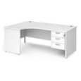 Maestro 25 left hand ergonomic desk 1800mm wide with 3 drawer pedestal - white top with panel end leg