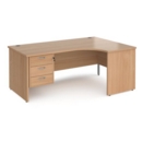Maestro 25 right hand ergonomic desk 1800mm wide with 3 drawer pedestal - beech top with panel end leg