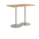 Monza rectangular poseur table with flat round brushed steel bases 1400mm x 800mm - oak