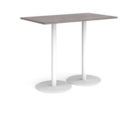 Monza rectangular poseur table with flat round white bases 1400mm x 800mm - grey oak