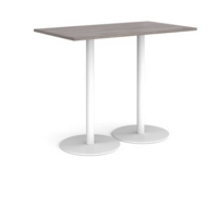Monza rectangular poseur table with flat round white bases 1400mm x 800mm - grey oak