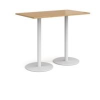 Monza rectangular poseur table with flat round white bases 1400mm x 800mm - oak