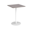 Monza square poseur table with flat round white base 800mm - grey oak