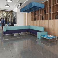 Nera modular soft seating double bench with back and left arm and black frame - elapse grey seat with endurance green back
