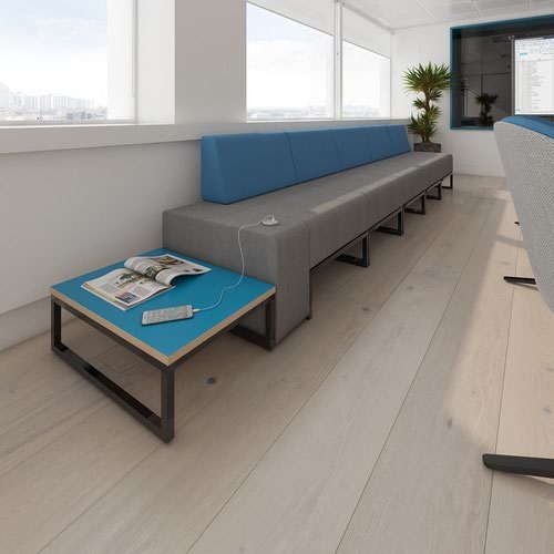 Nera modular soft seating double bench with back and left arm and black frame - elapse grey seat with lifetime yellow back