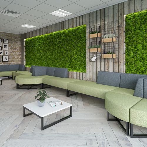 Nera modular soft seating single bench with back and right arm and black frame - elapse grey seat with endurance green back