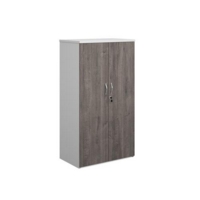 Duo double door cupboard 1440mm high with 3 shelves - white with grey oak doors