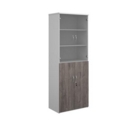 Duo combination unit with glass upper doors 2140mm high with 5 shelves - white with grey oak lower doors