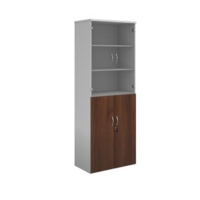 Duo combination unit with glass upper doors 2140mm high with 5 shelves - white with walnut lower doors