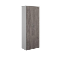 Duo double door cupboard 2140mm high with 5 shelves - white with grey oak doors