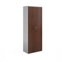 Duo double door cupboard 2140mm high with 5 shelves - white with walnut doors
