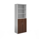 Duo combination unit with open top 2140mm high with 5 shelves - white with walnut lower doors