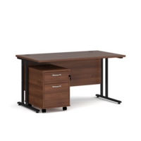 Maestro 25 straight desk 1400mm x 800mm with black cantilever frame and 2 drawer pedestal - walnut