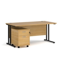 Maestro 25 straight desk 1600mm x 800mm with black cantilever frame and 2 drawer pedestal - oak