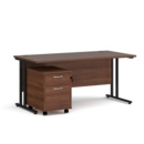 Maestro 25 straight desk 1600mm x 800mm with black cantilever frame and 2 drawer pedestal - walnut