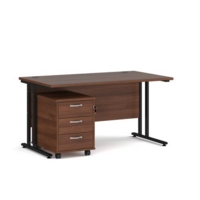 Maestro 25 straight desk 1400mm x 800mm with black cantilever frame and 3 drawer pedestal - walnut