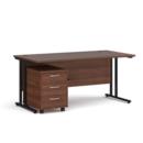 Maestro 25 straight desk 1600mm x 800mm with black cantilever frame and 3 drawer pedestal - walnut