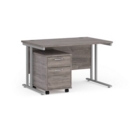 Maestro 25 straight desk 1200mm x 800mm with silver cantilever frame and 2 drawer pedestal - grey oak