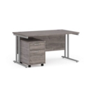 Maestro 25 straight desk 1400mm x 800mm with silver cantilever frame and 2 drawer pedestal - grey oak