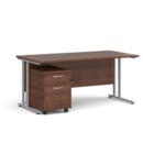 Maestro 25 straight desk 1600mm x 800mm with silver cantilever frame and 2 drawer pedestal - walnut