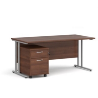 Maestro 25 straight desk 1600mm x 800mm with silver cantilever frame and 2 drawer pedestal - walnut