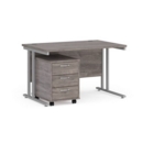 Maestro 25 straight desk 1200mm x 800mm with silver cantilever frame and 3 drawer pedestal - grey oak