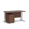 Maestro 25 straight desk 1400mm x 800mm with silver cantilever frame and 3 drawer pedestal - walnut