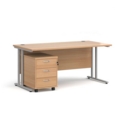 Maestro 25 straight desk 1600mm x 800mm with silver cantilever frame and 3 drawer pedestal - beech